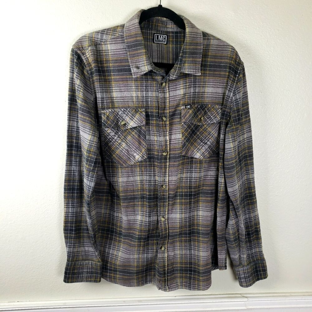 Men's LMC Loses Machine Plaid Wool Blend Button Up Graphic Short Size Medium